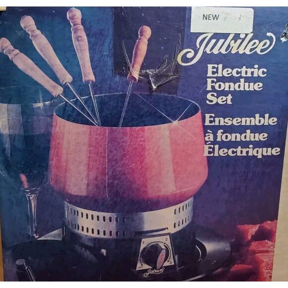 NEW Vintage Jubilee Electric MCM Fondue Set Retro Red Pot 4 Teak Handle Fork NOS - Picture 1 of 15